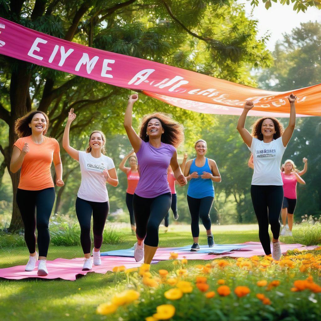 A vibrant and energetic scene showcasing a group of diverse individuals engaging in various glute exercises outdoors, surrounded by lush greenery and bright flowers. Sunlight filters through the trees, casting playful shadows, while motivational mantra banners flutter in the background. Capture a sense of joy and community with people smiling and encouraging one another. The scene should evoke a feeling of health and vitality. super-realistic. vibrant colors. bright background.