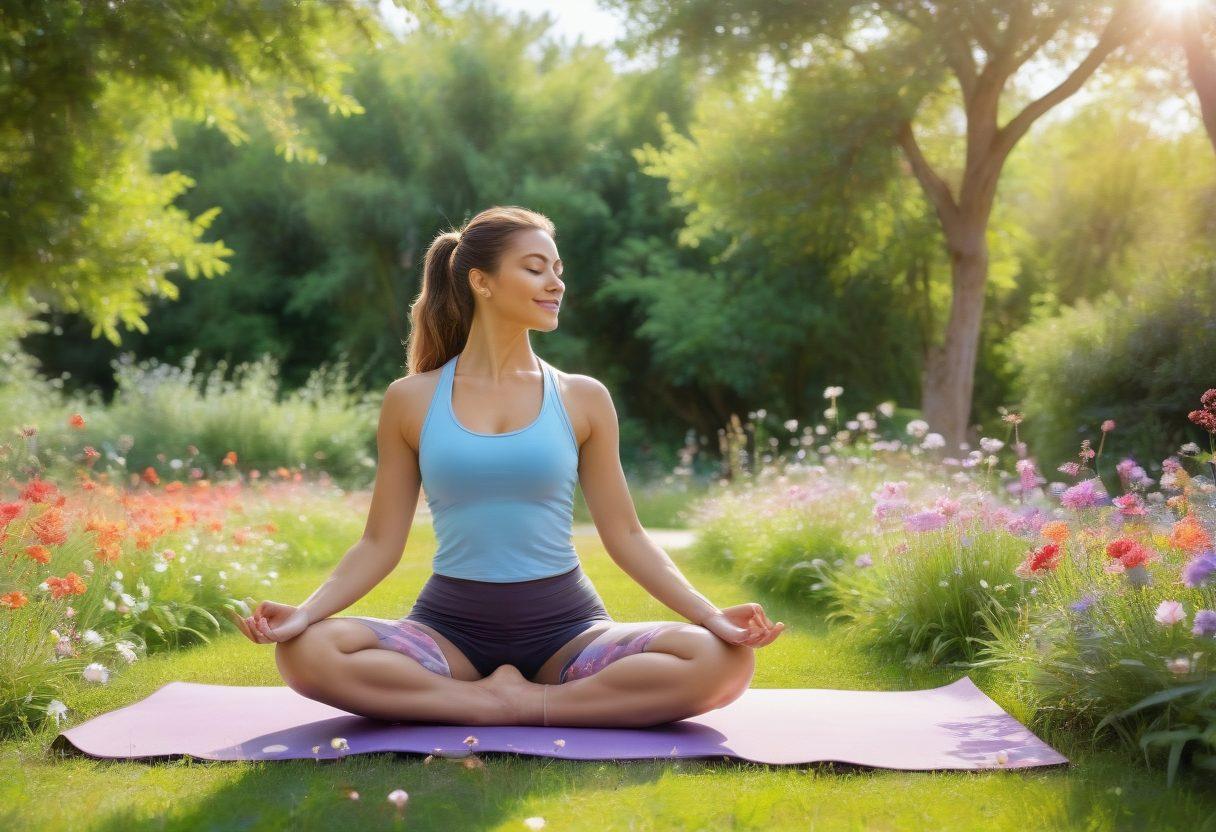 A serene landscape depicting a person joyfully engaging in booty training on a vibrant yoga mat, surrounded by blooming flowers and soft sunlight filtering through trees. The individual, exuding confidence and happiness, is portrayed in an athletic pose, embodying self-love and well-being. Include symbols of growth and positivity like butterflies and hearts in the background. watercolor painting. soft pastel colors.